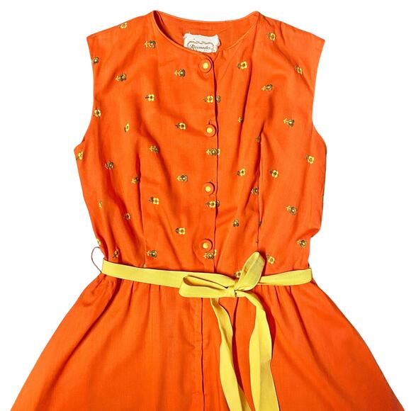 Vintage 1970s Raymodes NY Orange Embroidered Flower Wide Leg Sleeveless Jumpsuit - Picture 2 of 5